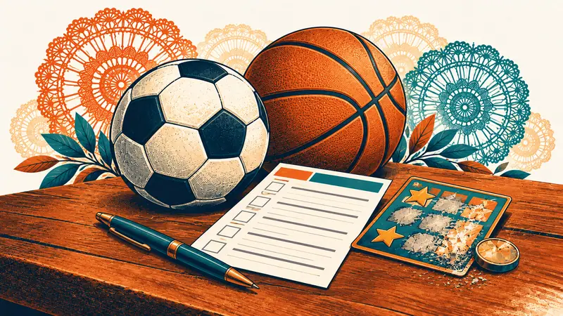 Balón de fútbol y de básquet junto a un boleto de apuestas en blanco y un raspadito