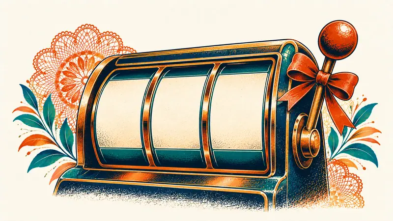 Carretes de tragamonedas y una palanca decorada con un moño de regalo