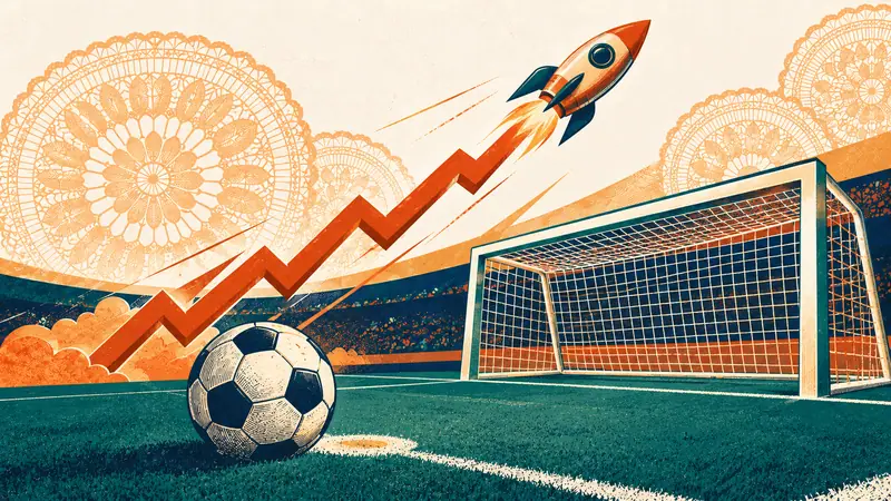 Gráfico ascendente con forma de cohete junto a un punto penal y la red de un arco