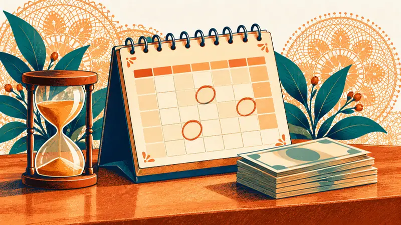 Calendario con días marcados, reloj de arena y un fajo de billetes lisos