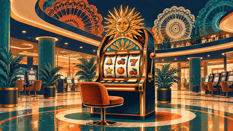 Tragamonedas iluminada con un sol decorativo en una sala de juegos de un shopping, de noche