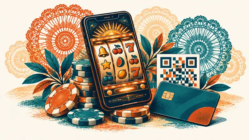 Teléfono con carretes de tragamonedas sobre fichas, junto a una tarjeta y un código QR